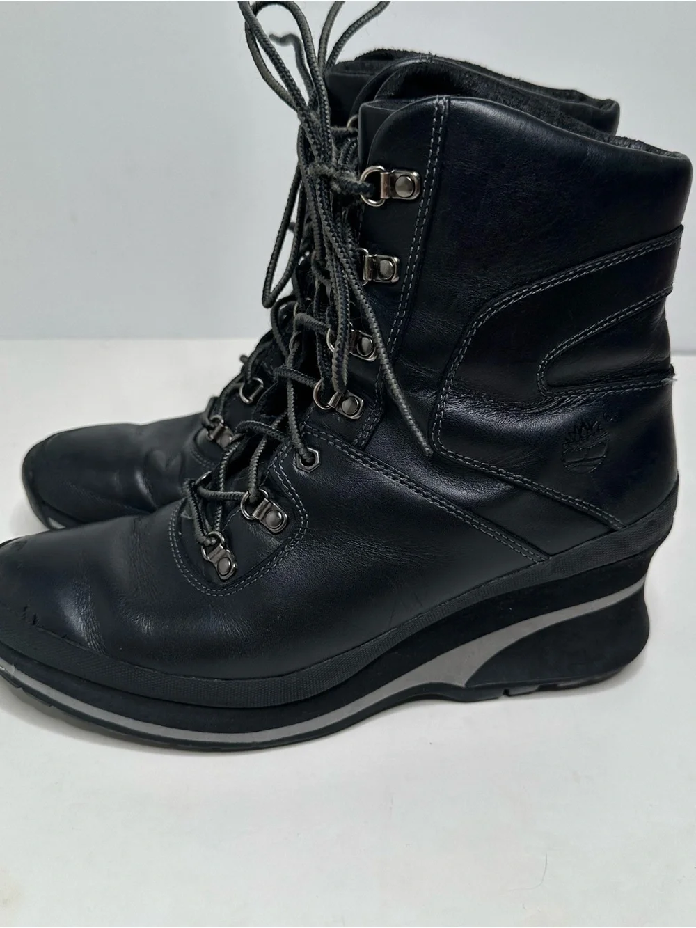 Timberland Black Leather Lace Up Wedge Heel Ankle Boots Womens Size 7 89395